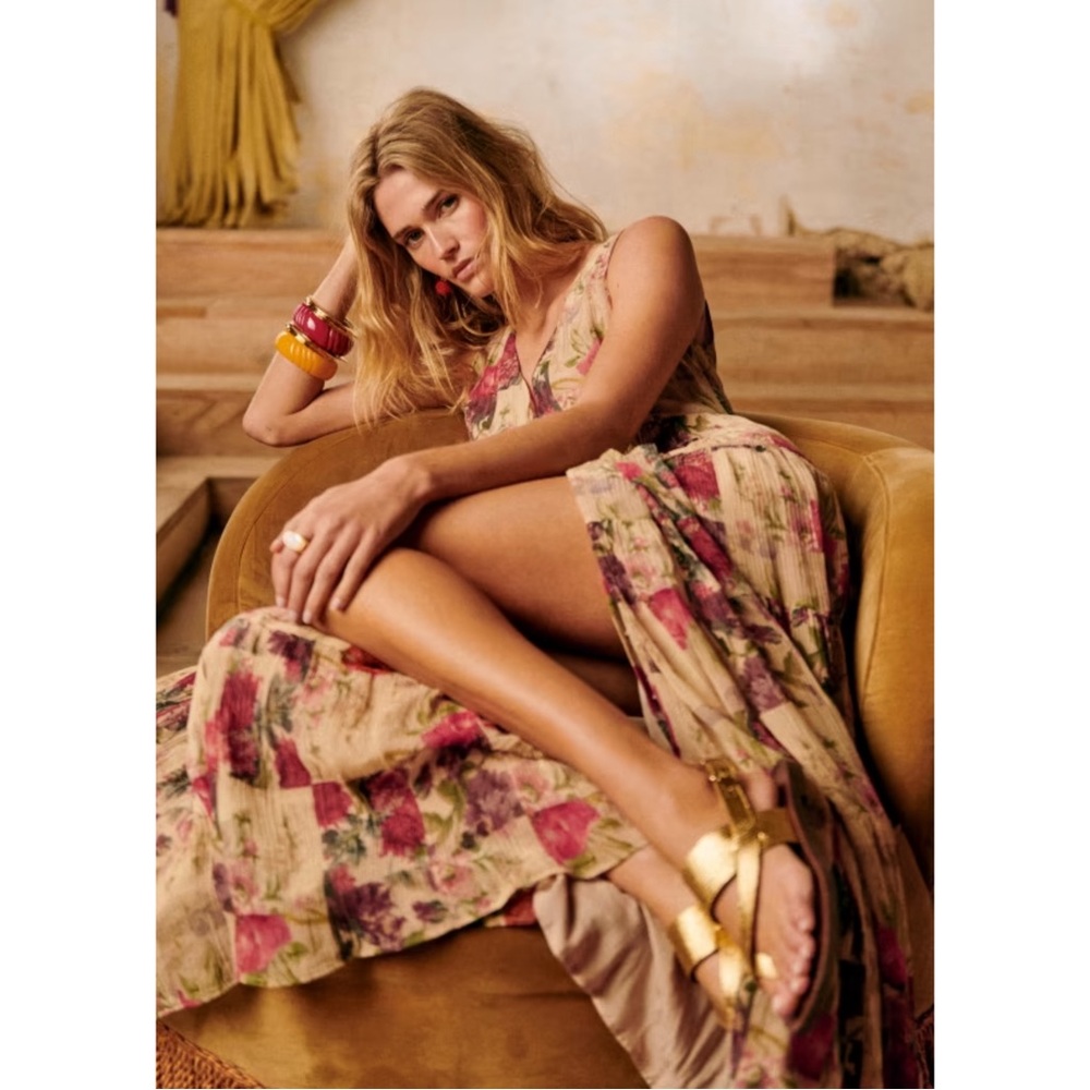 SEZANE Cream Red Rose Floral Patchwork Sleeveless Flowy Silk Alameda Maxi Dress - Picture 4 of 14
